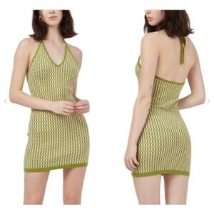 NWT Cotton Candy LA Green Print V-Neck Mini Knit Halter Dress Size Large